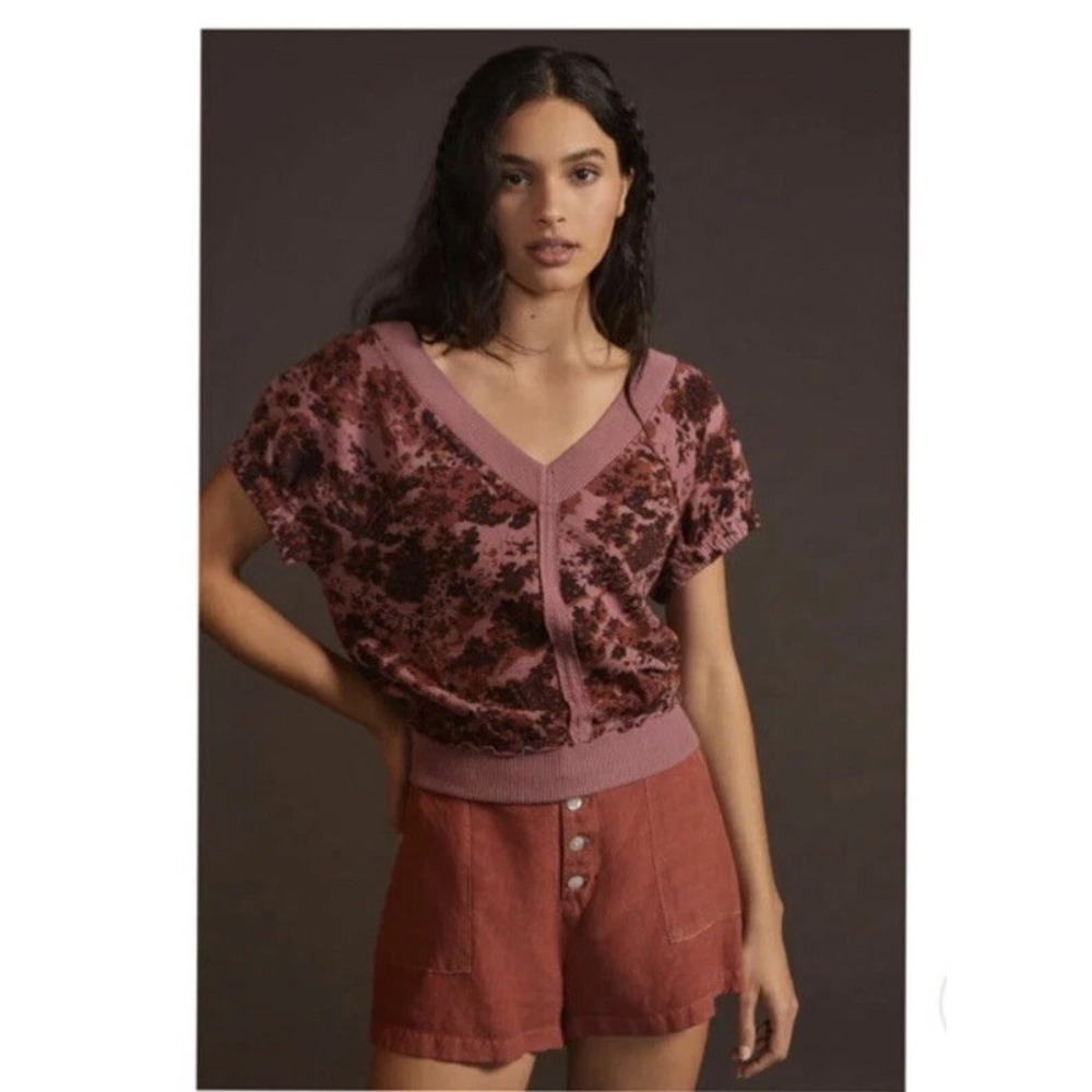 Anthropologie Picro Short Sleeve Crop Sweatshirt Size XS Pink Floral V-Neck NEW